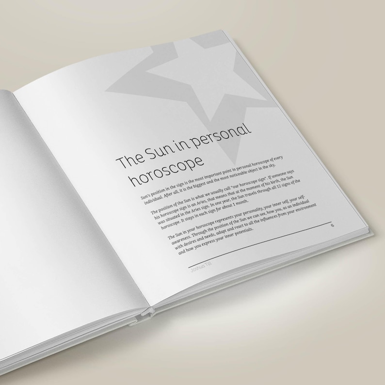 May include: An open book with a white star graphic and the text "The Sun in personal horoscope". The text explains the importance of the Sun's position in a person's horoscope.