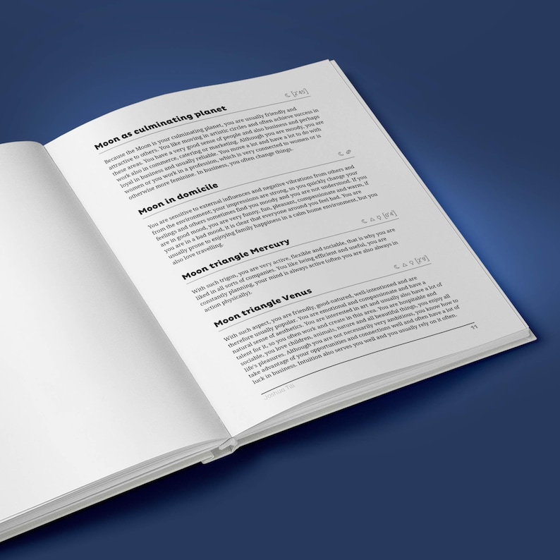 May include: A page from a book about astrology, with the title "Moon as culminating planet" and a section on "Moon in domicile". The text describes the personality traits of people with the Moon in this position.