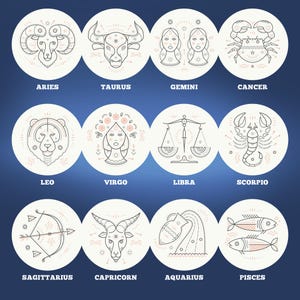 May include: A set of 12 zodiac signs illustrated in a line art style. Each sign is depicted within a circle with a white background and a black outline. The signs are arranged in a grid of four rows and three columns. The signs are Aries, Taurus, Gemini, Cancer, Leo, Virgo, Libra, Scorpio, Sagittarius, Capricorn, Aquarius, and Pisces.
