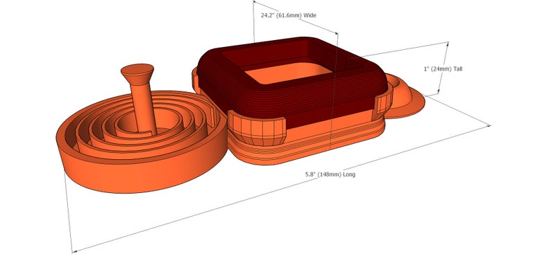 K&ouml;nnte beinhalten: Ein 3D-gedrucktes Objekt in Orange und Rot mit quadratischer Basis und kreisf&ouml;rmiger Oberseite. Die quadratische Basis hat einen roten Innenraum und die kreisf&ouml;rmige Oberseite einen kleinen Turm in der Mitte. Das Objekt ist 14 cm lang, 61,5 cm breit und 2,5 cm hoch.