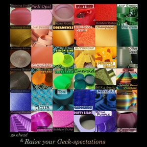 May include: A grid of 36 small round containers, each filled with a different colored material. The containers are arranged in six rows of six. The colors include pink, red, orange, yellow, green, blue, purple, and black. The text "go ahead & Raise your Geck-spectations" is at the bottom of the image.