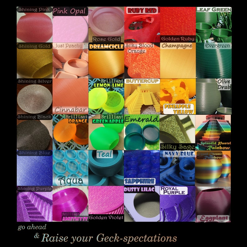May include: A grid of 36 small round containers, each filled with a different colored material. The containers are arranged in six rows of six. The colors include pink, red, orange, yellow, green, blue, purple, and black. The text "go ahead & Raise your Geck-spectations" is at the bottom of the image.