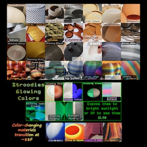 May include: A collage of colorful, glowing resin creations called "Stroodies". The image shows a variety of colors and finishes, including marble, copper, and wood. The text "Stroodies Glowing Colors" is displayed at the top of the image. The text "Expose them to bright sunlight or UV to see them GLOW" is displayed in the center of the image.