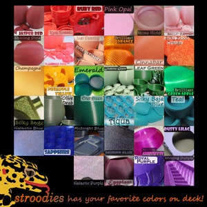 May include: A colorful chart of 25 different colors, each with a descriptive name. The colors are arranged in a grid pattern and are displayed in small, round containers. The chart is titled "stroodies has your favorite colors on deck!"