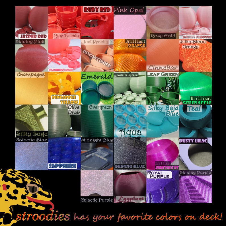 May include: A colorful chart of 25 different colors with names for each color. The colors are arranged in a grid pattern. The colors include ruby red, pink opal, jasper red, ripe tomato, just peachy, brilliant orange, rose gold, silky blood orange, champagne, emerald, jadeite green, cinnabar, leaf green, brilliant green apple teal, pineapple yellow, olive drab, evergreen, silky baja blue, silky sage, galactic blue, midnight blue, sapphire, shining blue, amethyst, royal purple, dusty lilac, shining purple, galactic purple, and eggplant. The text "stroodies has your favorite colors on deck!" is at the bottom of the chart.