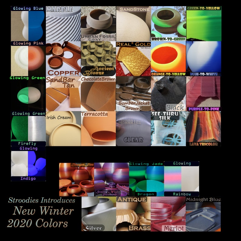 May include: A collage of 24 different colored clay pots, each with a unique name and description. The names include "Glowing Blue", "Marble", "Sandstone", "Green-to-Yellow", "Glowing Pink", "Urban Fossil Gray", "Real Gold", "Brown-to-Green", "Glowing Green", "Copper Sandbar Tan", "Ancient Bronze Chocolate Brown", "Orange-to-Yellow", "Blue-to-White", "Glowing Green", "Irish Cream", "Terracotta", "Bomber Jacket Brown", "Black See-Thru Silk", "Purple-to-Pink", "Firefly Glowing", "Clear", "Lava Tricolor", "Indigo", "Dragon Fire", "Glowing Jade", "Glowing", "Dragon", "Rainbow", "Midnight Blue", "Silver", "Antique", "Brass", "Merlot". The text "Stroodies Introduces New Winter 2020 Colors" is at the bottom of the collage.