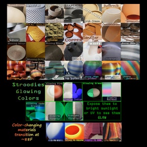 May include: A collage of colorful, glowing resin creations called "Stroodies". The image shows a variety of colors and finishes, including marble, copper, and wood. The text "Stroodies Glowing Colors" is displayed at the top of the image. The text "Expose them to bright sunlight or UV to see them GLOW" is displayed in the center of the image.