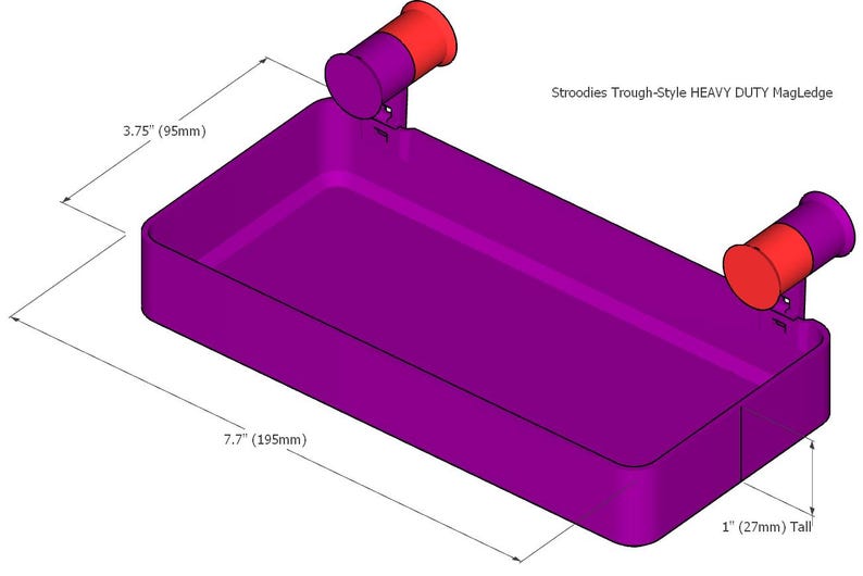May include: A purple plastic tray with two red magnetic holders. The tray is 7.7 inches long, 3.75 inches wide, and 1 inch tall. The tray is labeled "Stroodies Trough-Style HEAVY DUTY MagLedge".