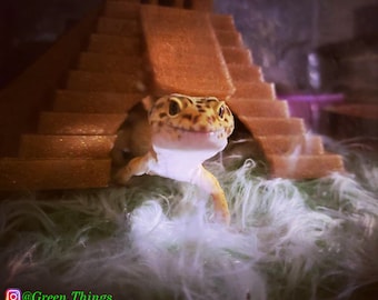 Op de afbeelding: Een kleine, geel-bruine luipaardgecko-hagedis kijkt uit een bruin, getextureerd, piramidevormig schuilplaats. De schuilplaats staat op een bed van wit en groen pluche materiaal. De afbeelding bevat de tekst "@Green.Things @Strooodies Strooodies.etsy.com".