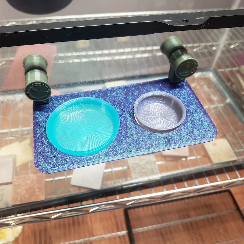 May include: A blue and purple reptile or amphibian feeding dish with two bowls. The dish is attached to a glass enclosure with two green clips.