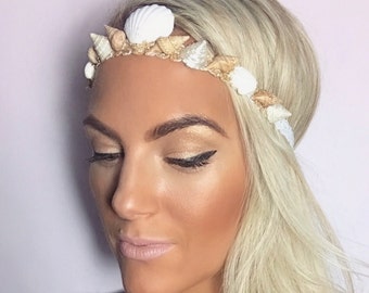 Zada Ivory Sea Shell Gold Glitter Mermaid Crown Hair Head  Band