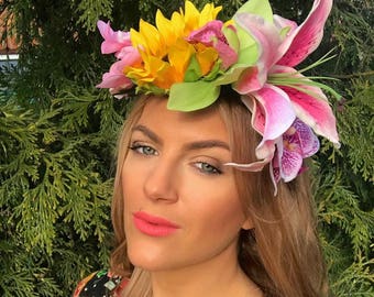 Tropical Sunrise Sunflower Lily Orchid Flower Crown Hair Head Band