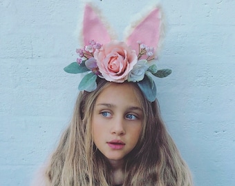 Fluffy Easter Bunny Rabbit Ears Peach Pink Flower Gypsophila Hair Head Band Girls Kids or Adults UK
