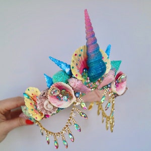 Rainbow Unicorn Mermaid Sea Shell Diamond Crown Hair Band Headband Blue Purple Yellow