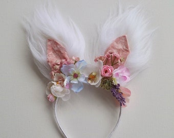 White Fluffy Easter Bunny Rabbit Ears Pink Flower Crown Hair Band Head Band Girls Kids Or Adults UK Cosplay