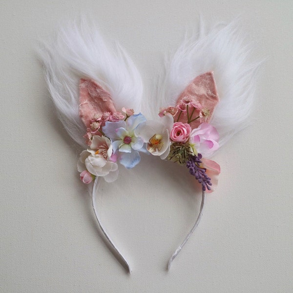 White Fluffy Easter Bunny Rabbit Ears Pink Flower Crown Hair Band Head Band Girls Kids Or Adults UK Cosplay