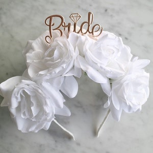 White Flower Rose Gold Bride To Be Crown Headband Hair Band Hen Party Bachelorette Wedding Bridal