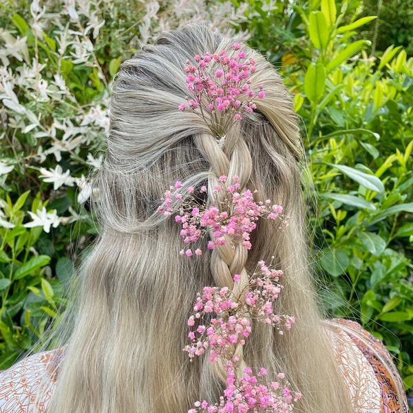 Pink Gypsophila Real Dried Preserved Flower 4 Hair Grips Slide Pins Bohemian UK