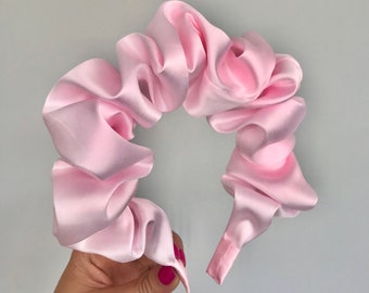 Baby Pink Silk Scrunchie Crown Ruched Ruffled Headband Hair Band