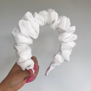 White Silk Scrunchie Crown Ruched Ruffled Headband Hair Band Bride To Be Bridal Hen Wedding Party Holiday