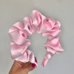 Baby Pink Silk Scrunchie Crown Ruched Ruffled Headband Hair Band