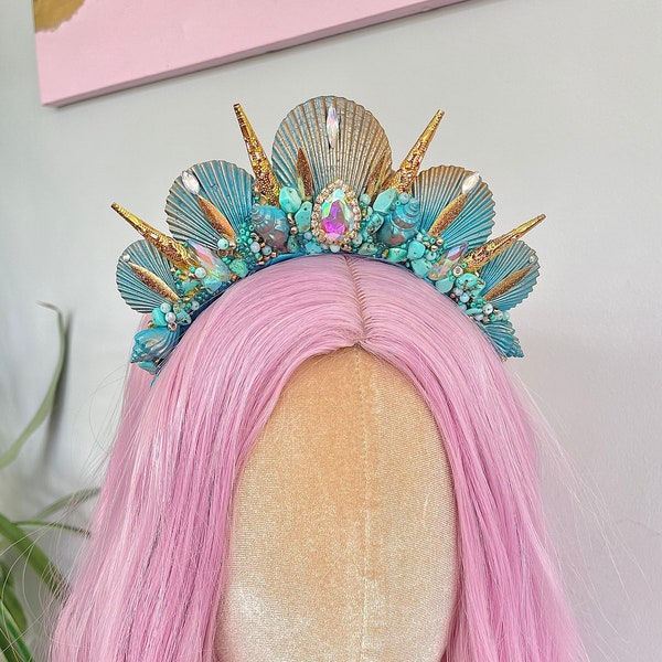 Turquoise Green Gold Crystal Mermaid Crown Sea Shell Hair Band Headband Tiara Head Piece Merman Poseidon