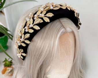 Gold Leaf Ivory Cream Pearl Padded Headband Hair Band Head  display picture 1