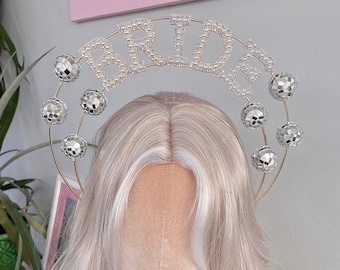 Disco Mirror Ball Bride To Be Headband Hair Band Halo Tiara Crown Layered Gold Silver Pearl Bridal Party Wedding UK