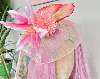 Pink Lily Flower Fascinator Headband Hair Band Organza Veil Tiara Head Piece Races Ladies Day Festival