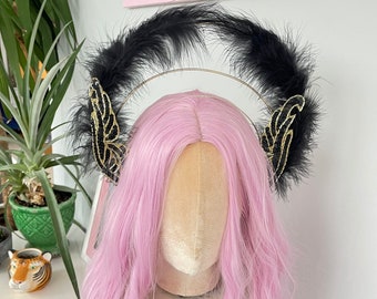 Black Swan Halo Crown Headband Hair Band Fluffy Feather Tiara Head Piece Sequin Party Festival Christmas Disco Ball