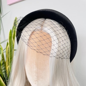 Black Birdcage Veil Headband Padded Hair Band Velvet Luxe Fascinator Wedding Races Ascot Cocktail Party Funeral Mourning UK Luxury