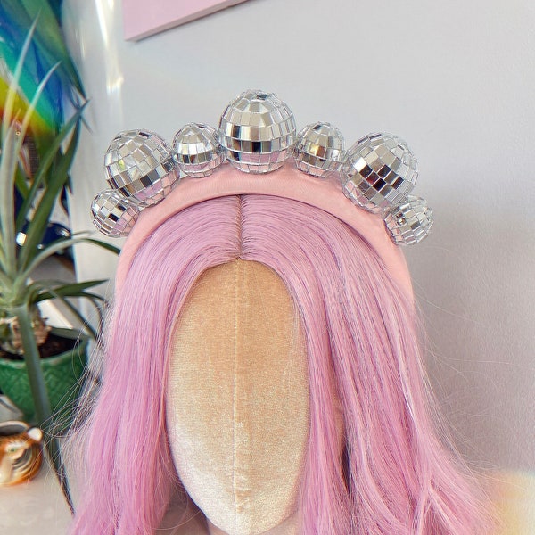 Disco Mirror Ball Pink Padded Hair Band Headband Alice Band Head Piece Tiara Party Festival