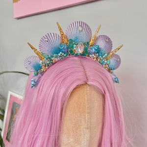 Purple Turquoise Green Gold Crystal Mermaid Crown Sea Shell Hair Band Headband Tiara Head Piece Merman Poseidon