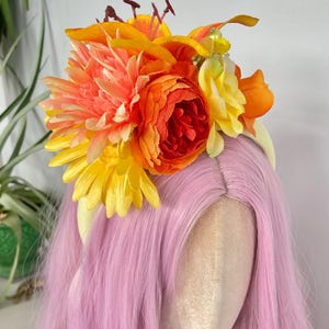 Yellow Orange Sunflower Padded Headband Rose Peony Lily Flower Crown Hair Band Head Piece Fascinator Wedding Races Hen Party Bachelorette