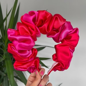 Fuchsia Pink and Red Scrunchie Crown Silk Satin Twist Rouched Hair Band Headband Scrunch Ruffle Bright UK Wedding Races