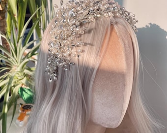 Silver Crystal Diamante Diamond Ivory Pearl Spray Tiara Headband Hair Band Bridal Bride To Be Crown Head Piece