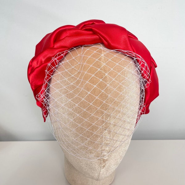 Red Silk Satin Plait Headband Hair Band With White Birdcage Veil Wedding Races Plaited Luxury UK