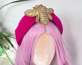 Bee Happy Gold Diamond Jewelled Pink Velvet Padded Headband Hair Band Luxury Head Piece Fascinator