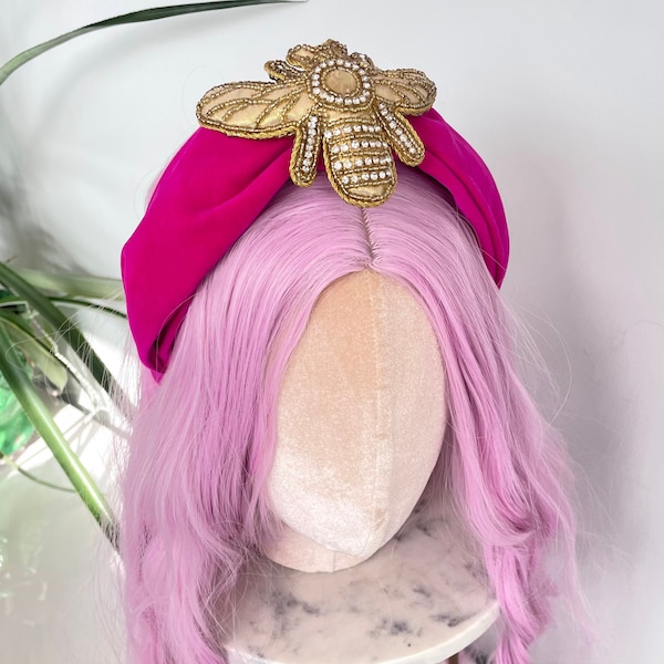 Bee Happy Gold Diamond Jewelled Pink Velvet Padded Headband Hair Band Luxury Head Piece Fascinator