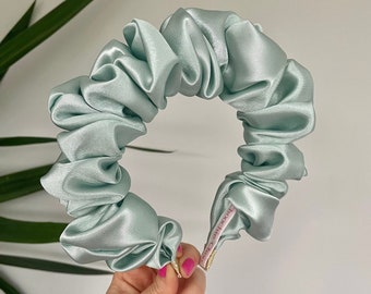 Mint Sage Green Silk Satin Scrunchie Crown Hair Band Headband Rouched Alice UK Wedding Bride To Be Scrunched Ruffle