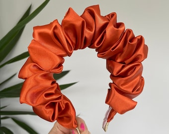 Gebrannte Orange Herbstliche Seide Satin Scrunchie Krone Haarband Stirnband gerüscht Alice UK Hochzeit Braut