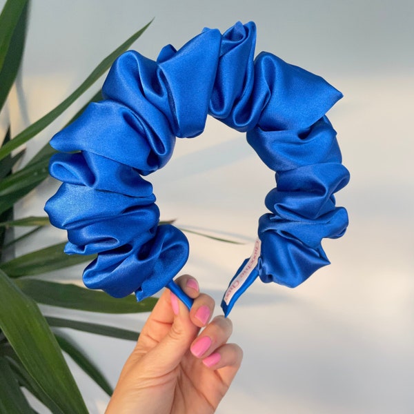 Cobalt Royal Blue Scrunchie Crown Silk Satin Rouched Hair Band Headband Scrunch Ruffle Bright UK Wedding Races