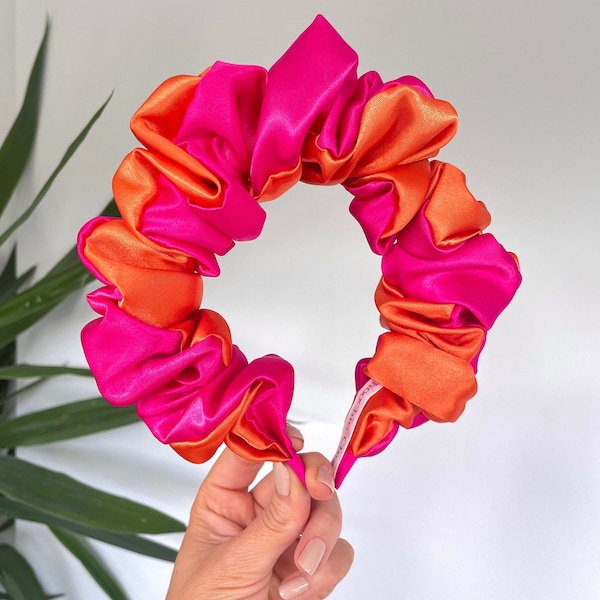 Fuchsia Pink and Orange Scrunchie Crown Silk Satin Twist Rouched Hair Band Headband Scrunch Ruffle Bright UK Wedding Races