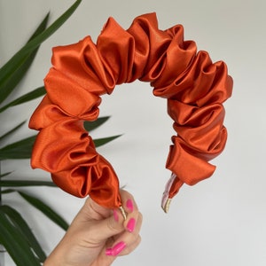 Burnt Orange Autumnal Silk Satin Scrunchie Crown Hair Band Headband Rouched Alice UK Wedding Bride To Be Scrunched Ruffle