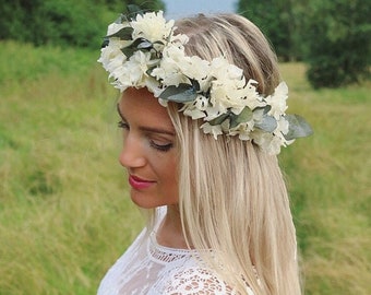 Ivory Cream Real Dried Hydrangea Eucalyptus Green Leaf Flower Crown Headband Hair Band Garland Boho Bohemian Wedding Bride Bridal UK Natural