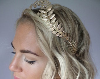 Diadema de banda de pelo de hoja de oro griego y pieza corona nupcial Tiara Fascinator novia Reino Unido