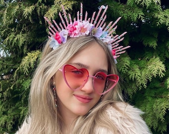 Pink Spike Halo Flower Crown Hair Band Headband Diamond Jewel Festival Luxury UK