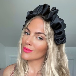 Black Silk Satin Scrunchie Crown Rouched Hair Band Headband Scrunch Ruffle UK Bride To Be Statement Piece