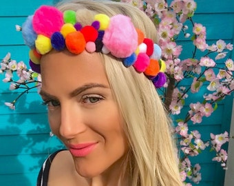 Multi Coloured Rainbow Pom Pom Hair Head Band Choochie Summer Festival Party