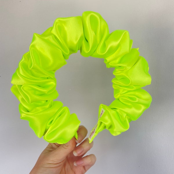 Neon Yellow Green Lime Fluorescent Silk Satin Scrunchie Crown Hair Band Headband Scrunch Rouched Ruffle UK